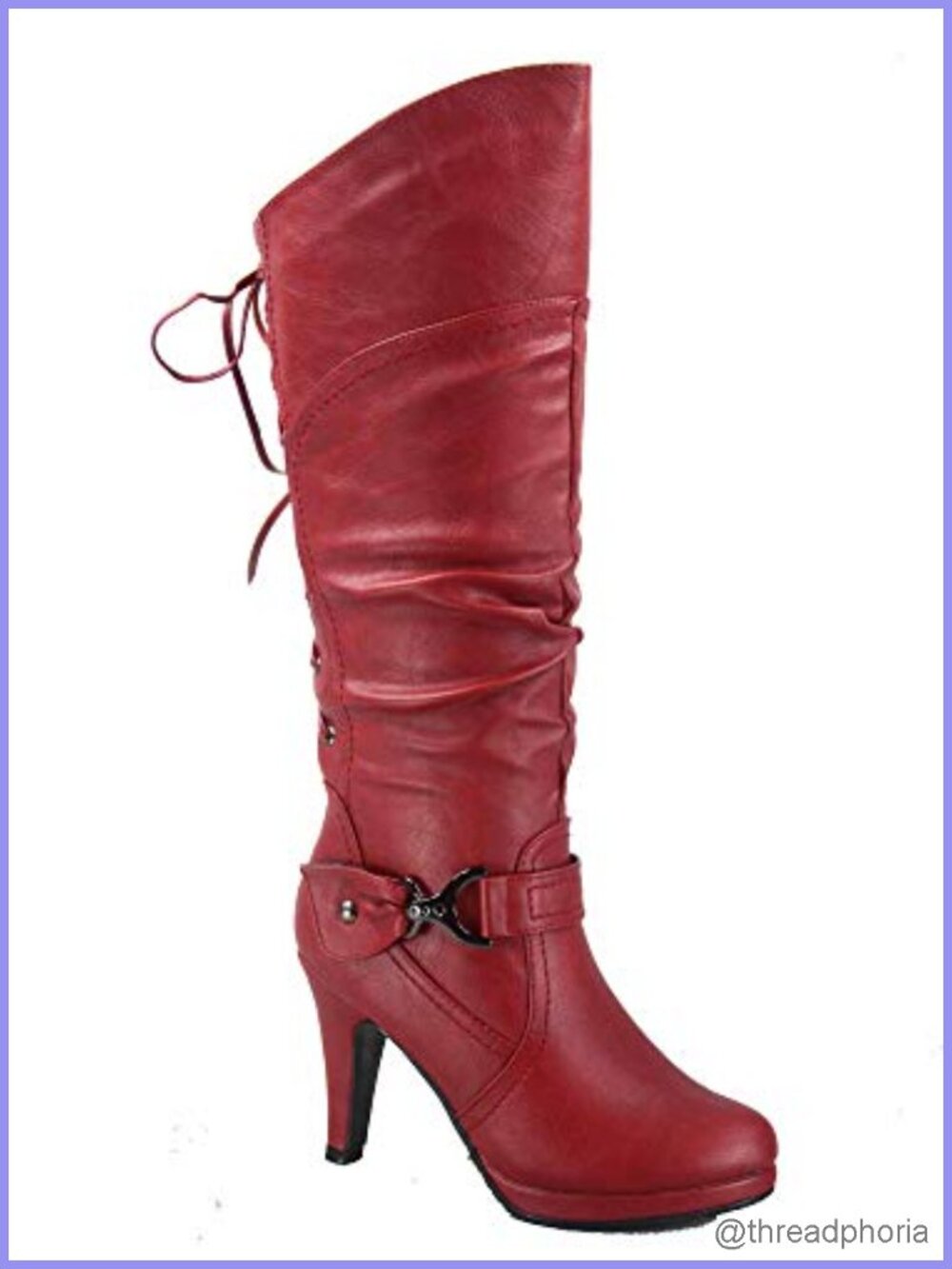Knee High Lace Up Slouchy Heel Boots Faux Leather